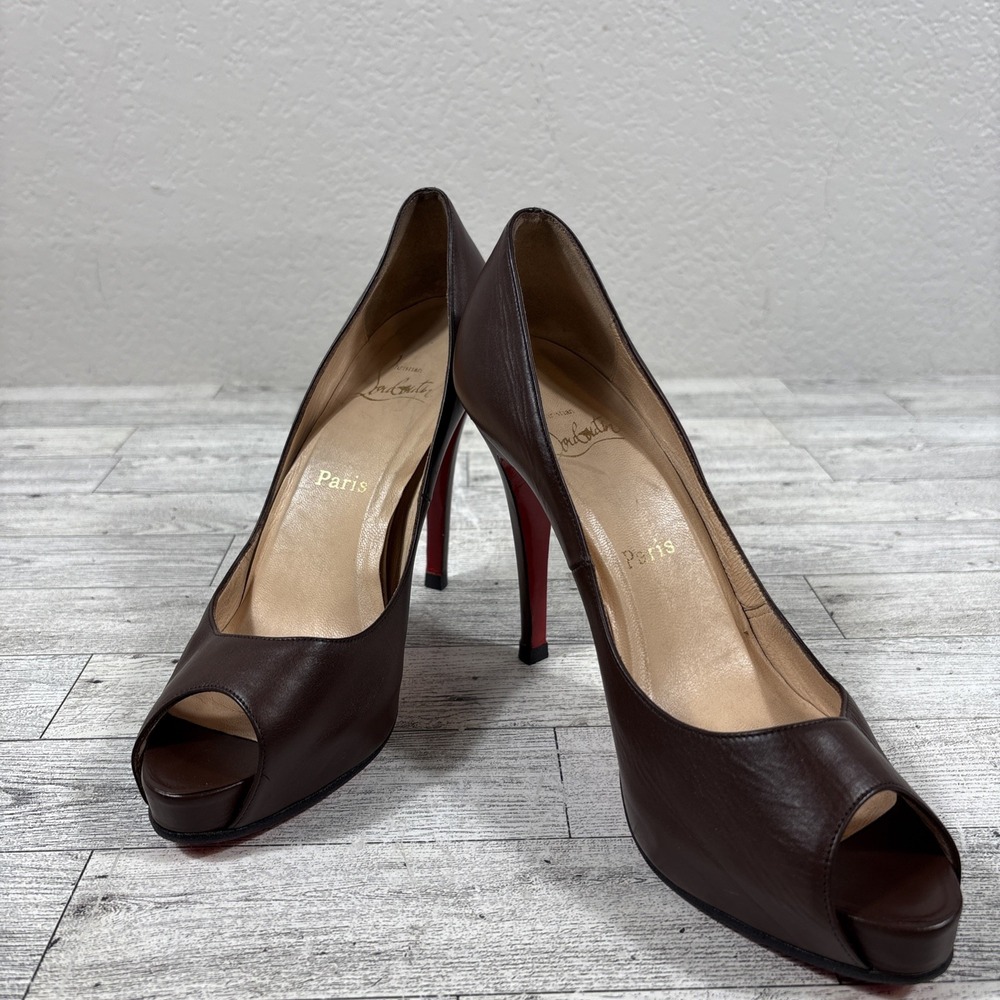 Christian Louboutin Brown Leather Very Prive Peep Toe Platform Pumps Size 38 1/2